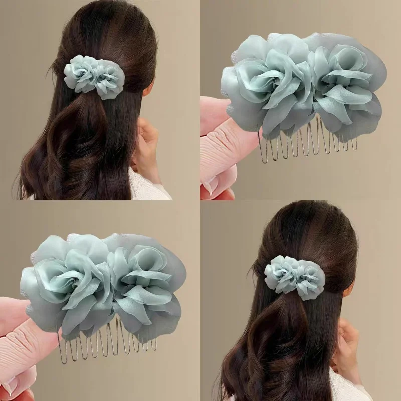 Großer Haarkamm mit hellfarbiger Organza-Rose für Damen, große Braut-Haaraccessoires, modische Organza-Rosen-Haarspangen