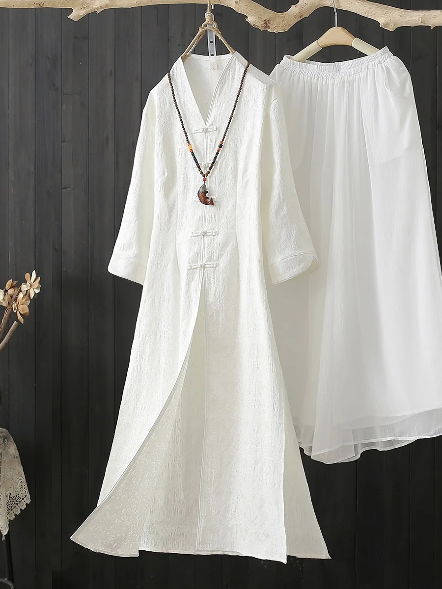 Chic Summer Cotton Linen Tea Dr Set Women's Two-Piece Suit Zen Meditation White Vintage Sle Button up A-Line Skirt