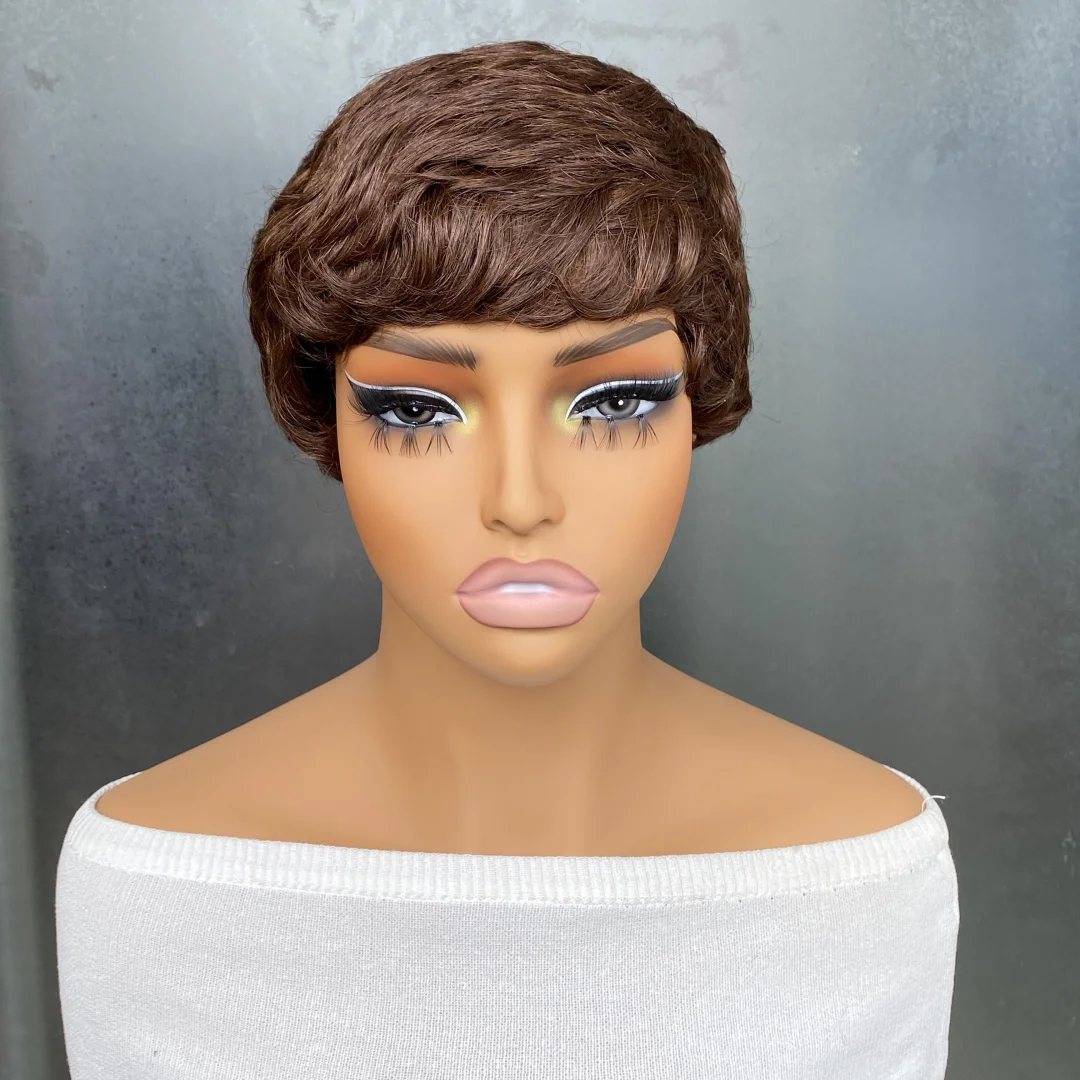 

Прямой короткий парик-пикси из натуральных волос, машинной работы, шоколадно-коричневый, прямой парик