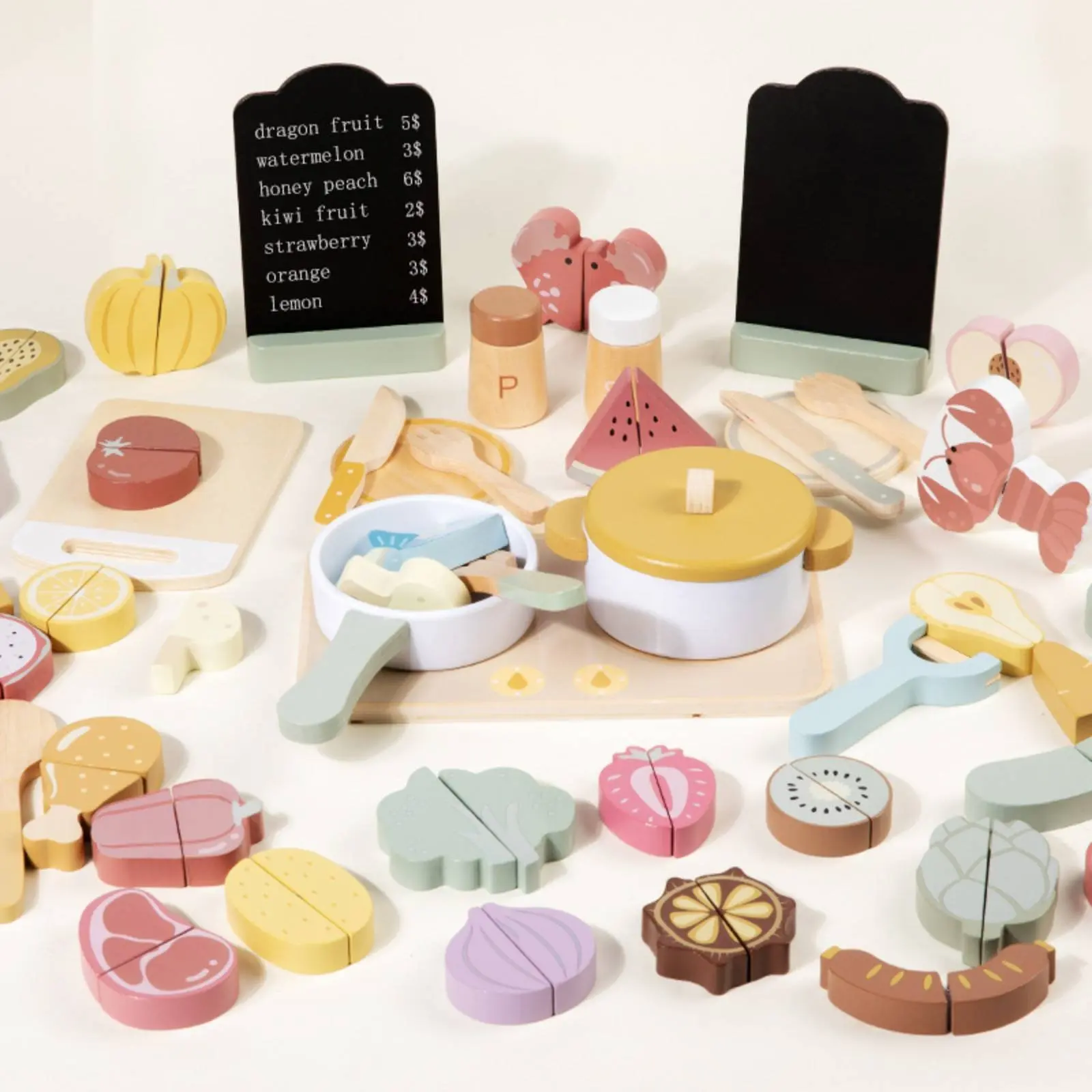 

45 Pieces Wooden Cutting Food Toy Educational Inspired Wooden Play Food Set Morandi Hues for Young Children