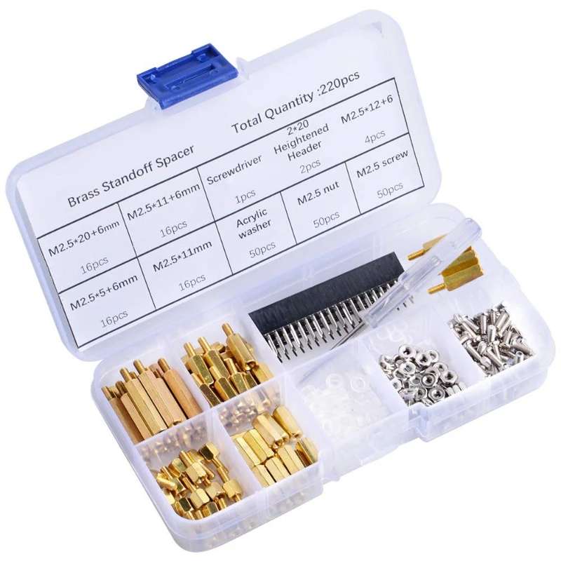 220pcs M2.5 Male Female Standoffs Brass Spacer Hex Column Screw Nut Assortment with Acrylic Washer Screwdriver for Raspberry Pi