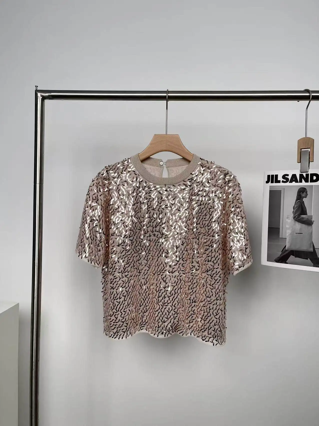 Women's High-end Heavy Industry Sequined Linen Knitted Sweater Short Sleeved Top