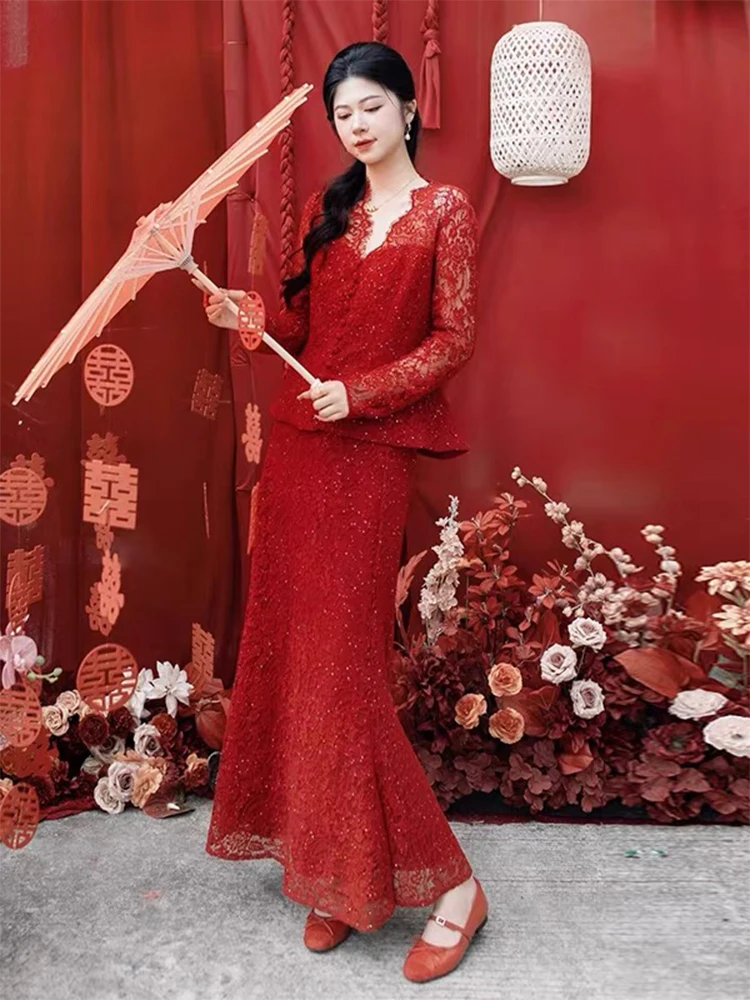 

Красное кружевное свадебное платье-комплект для женщин, фасон «рыбий хвост», винтажный стиль, с длинными рукавами, глубоким V-образным вырезом, на молнии сзади, для свадебных вечеринок и мероприятий KTV