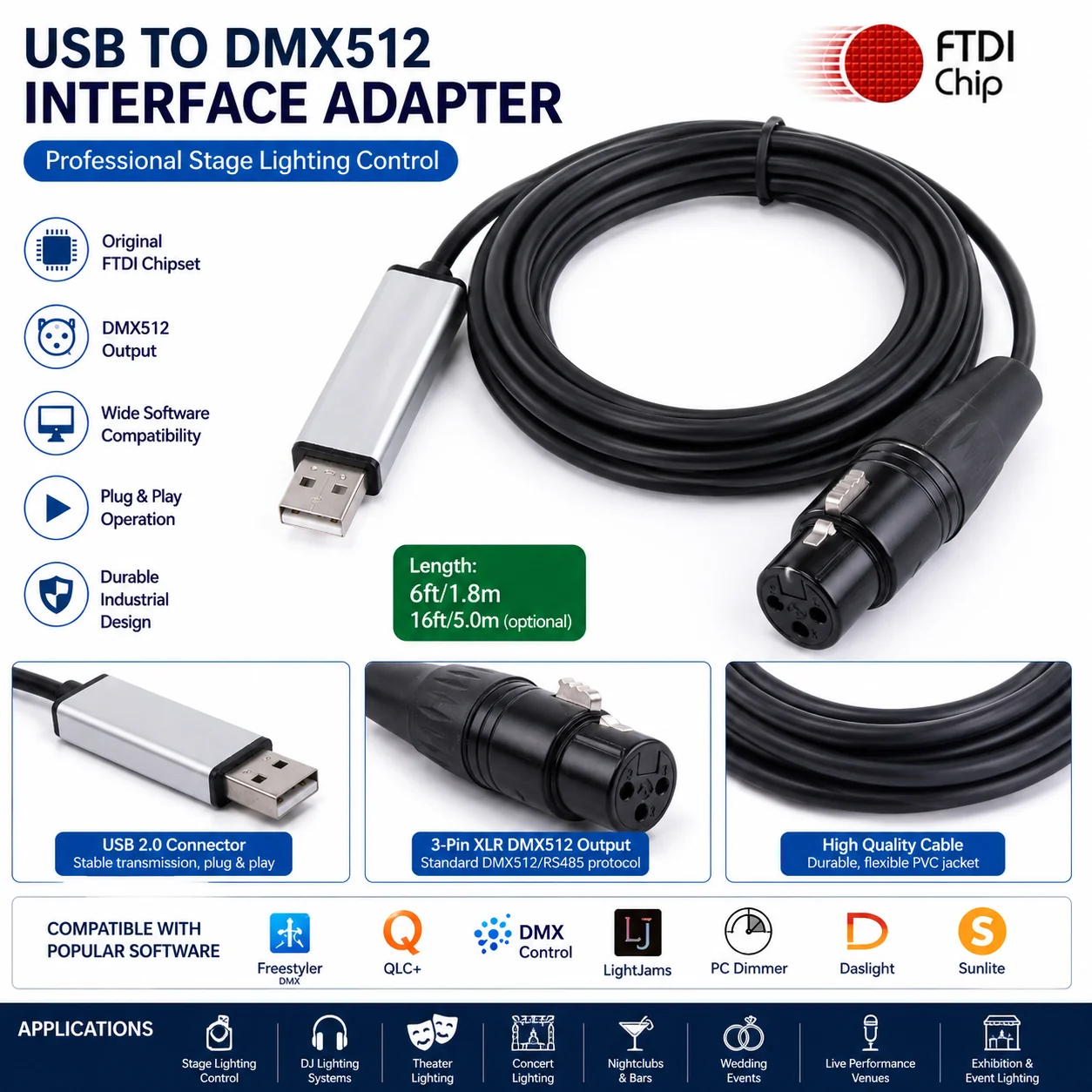Adaptador de Interfaz USB a DMX512, Cable Controlador de Iluminación de Escenario FTDI, Consola LED DMX para Freestyler QLC+ DMXControl