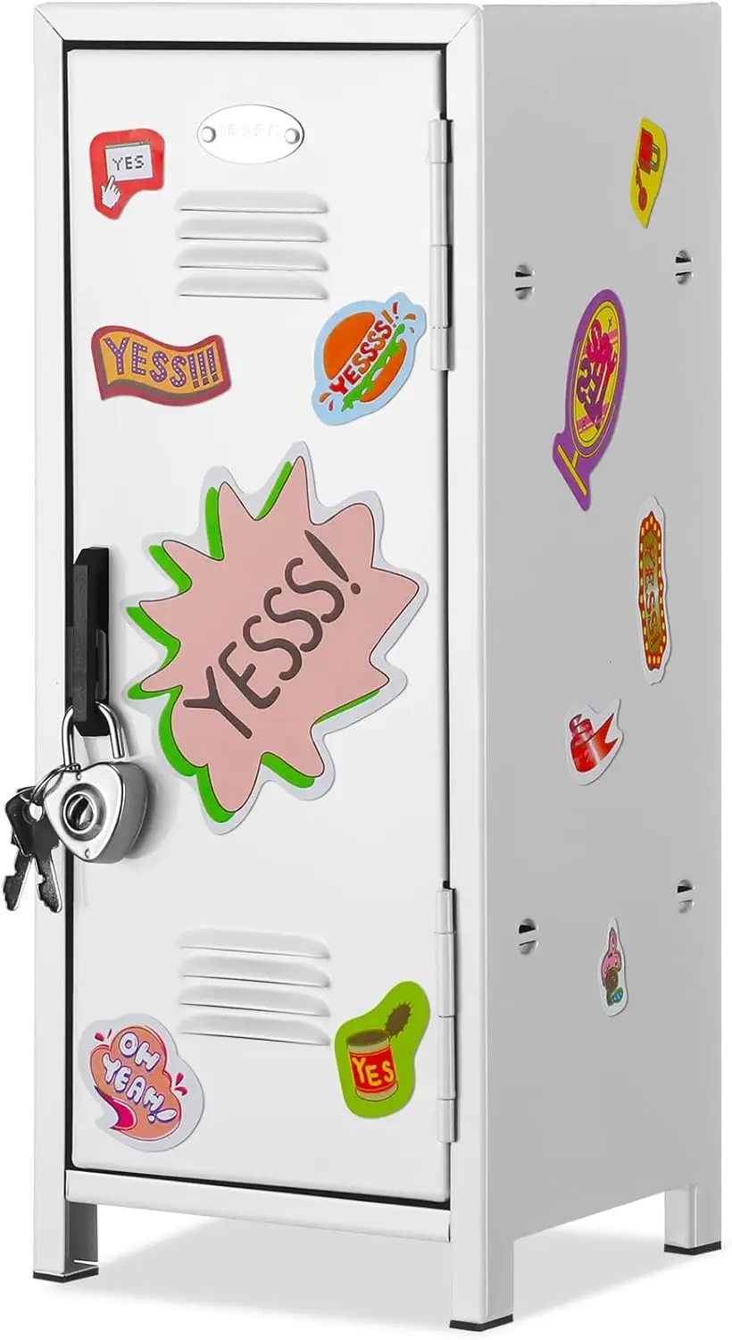 White Mini Metal Locker with Lock, Keys, and Stickers for Desktop Storage - 10.8 Inch Small Safe