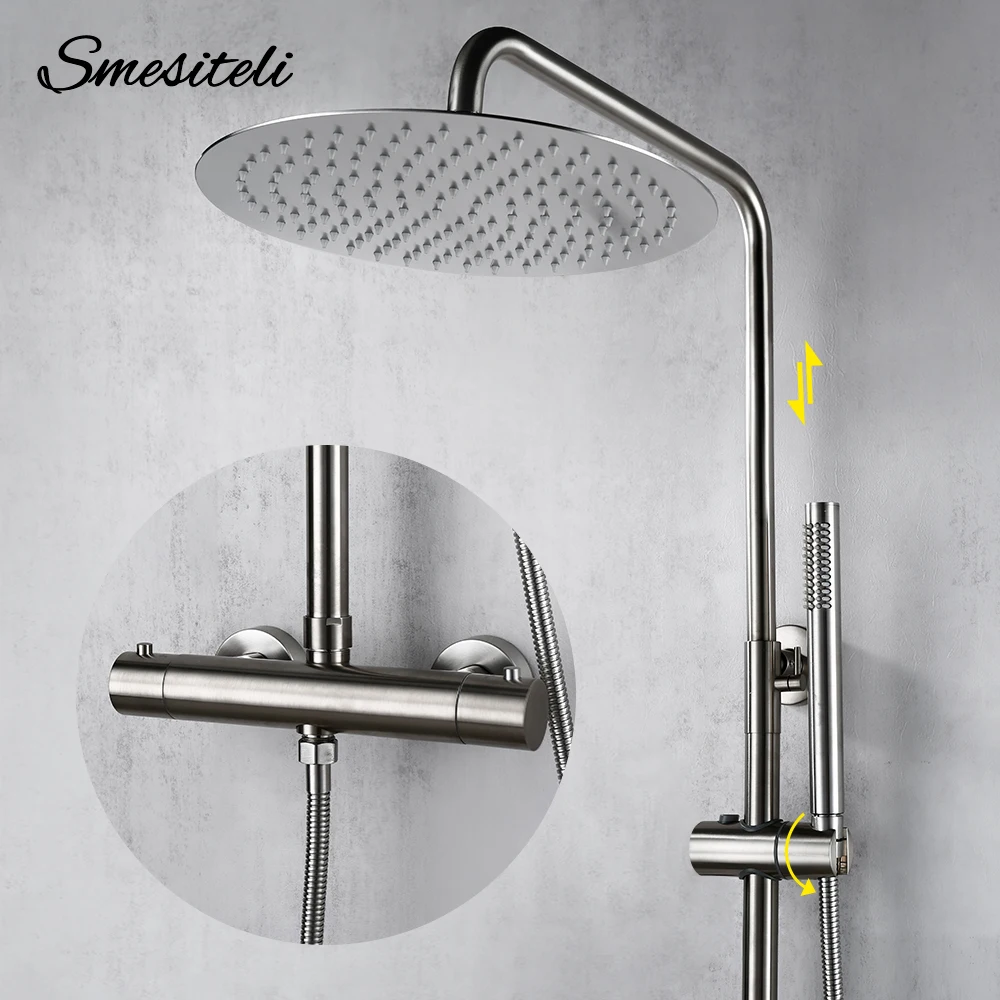 Set di rubinetti termostatici per doccia in nichel spazzolato montaggio a parete miscelatore per bagno in ottone rubinetto per doccia a pioggia sistemi doccia a pioggia Thermo