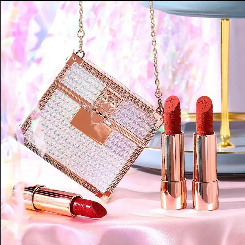 3/4Pcs Set Matte Velvet Lipstick Set With Chain Bag Long Lasting Make Up Korean Fashion Chain Bag Engraved Lipstick For Women