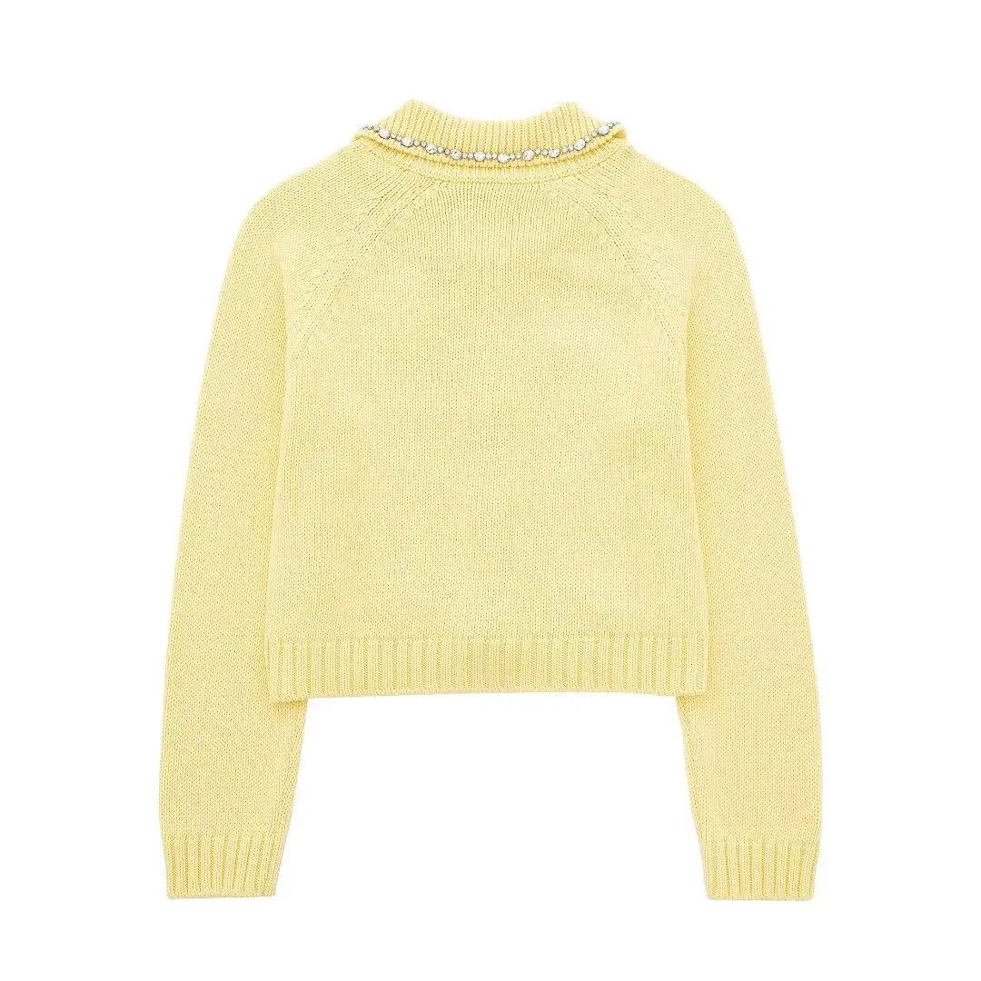 Tangada 2024 Women Yellow Beading Crop Knit Cardigan Sweaters Turn Down Collar Long Sleeve Female Outerwear 3H0440