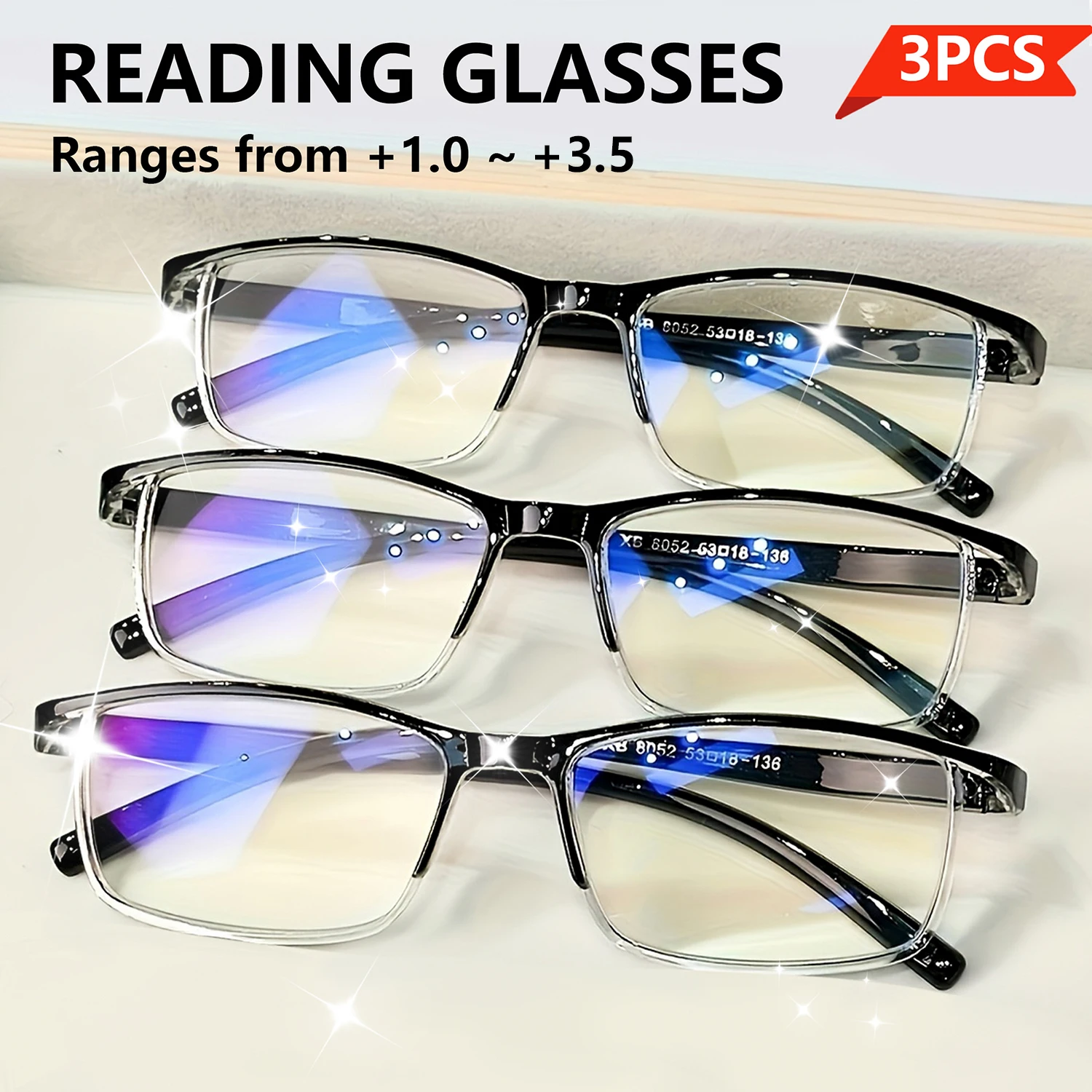3Pcs Reading Glasses Set, Semi Rimless Rectangular Readers, Square Eyewear, Lightweight Presbyopia Eyeglasses for Men Women