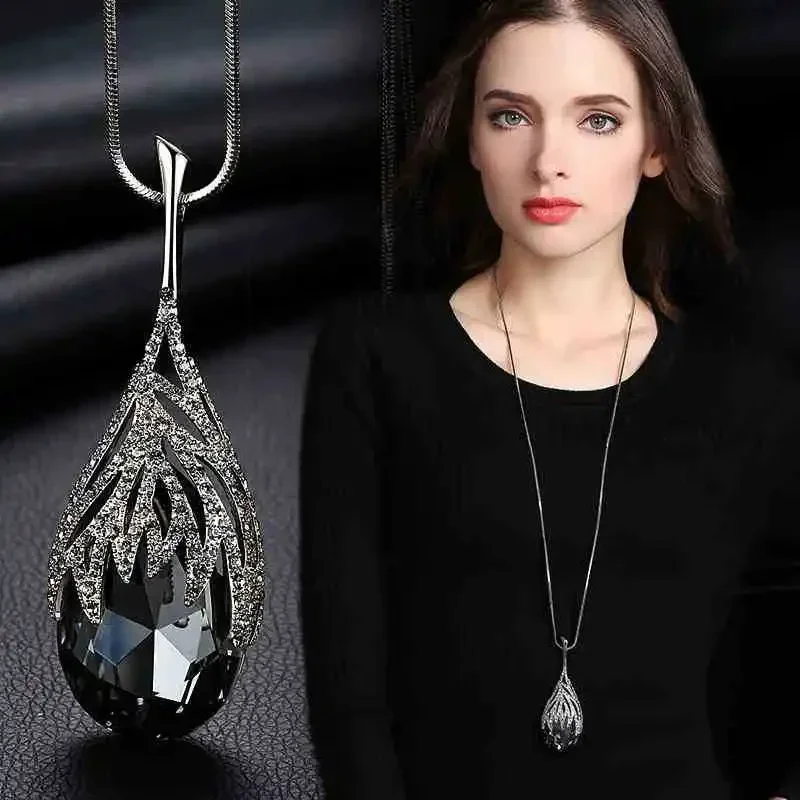 Big Crystal Water Drop Pendant Long Necklace for Women 2026 Vintage Jewelry Elegant Statement Jewelry Kolye