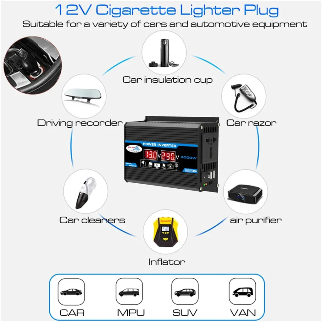 4000W Inverter 110/220V Car Power Vehicle Power Inverter LED Display Dual USB Charger Converter Lightweight Auto Accessories