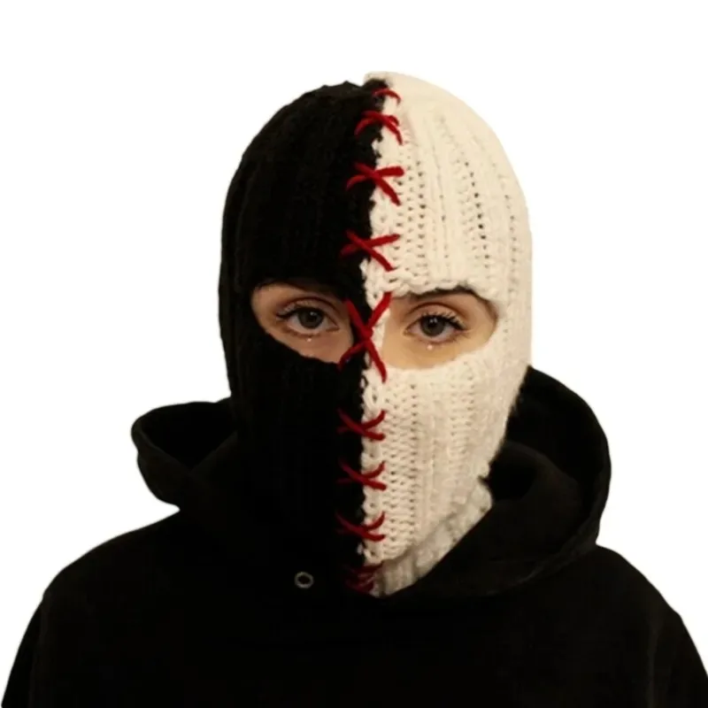 Terrifying Ghost Knitted Winter Balaclava Bucket Hat Full-Head Halloween Cosplay Black and White Stitching Balaclava