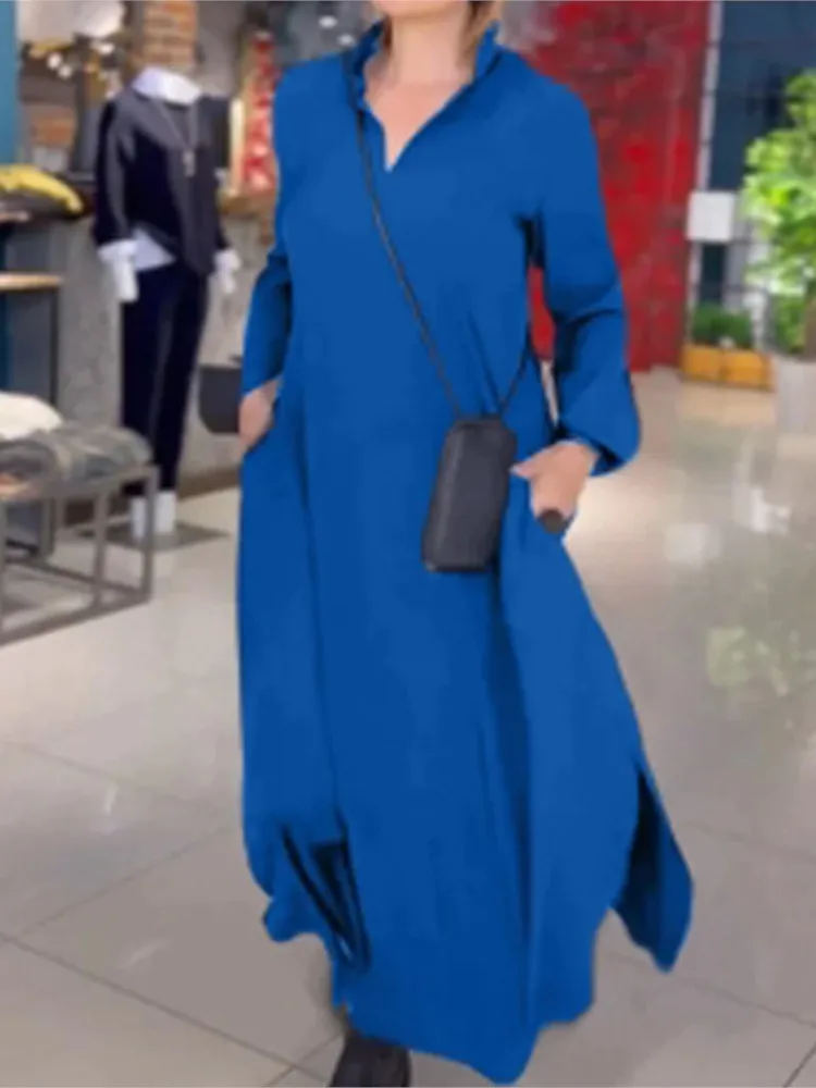 

Women Fashion New Solid Loose Big Hem Maxi Dresses Autumn Winter Casual Long Sleeve V-neck Long Dress Elegant Ladies Vestidos