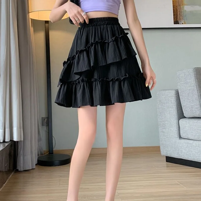 2023 Summer Fashion High Waist Slim Spliced Ruffle Edge Age Reducing A-line Versatile Irregular Solid Color Women's Short Skirt