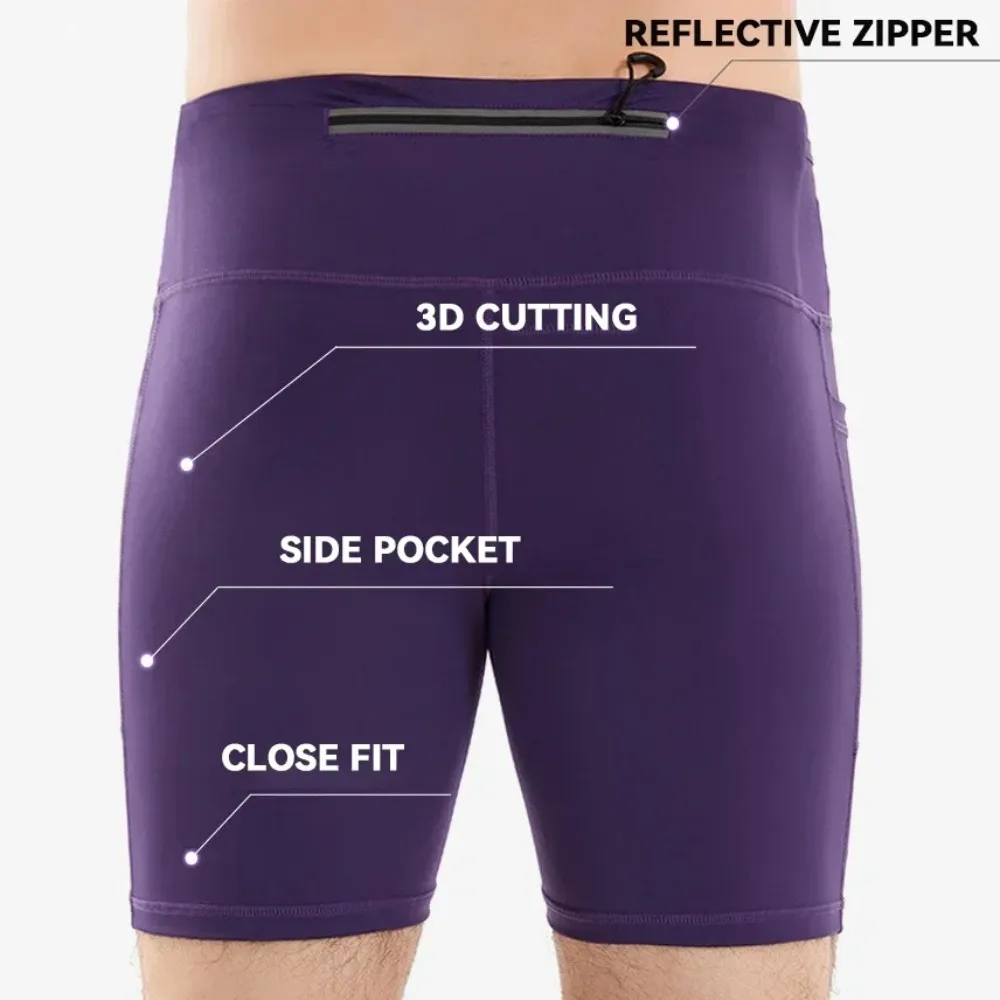 Men Marathon Running Shorts Quick Dry Compression Tight Shorts with Multi Pockets for Training