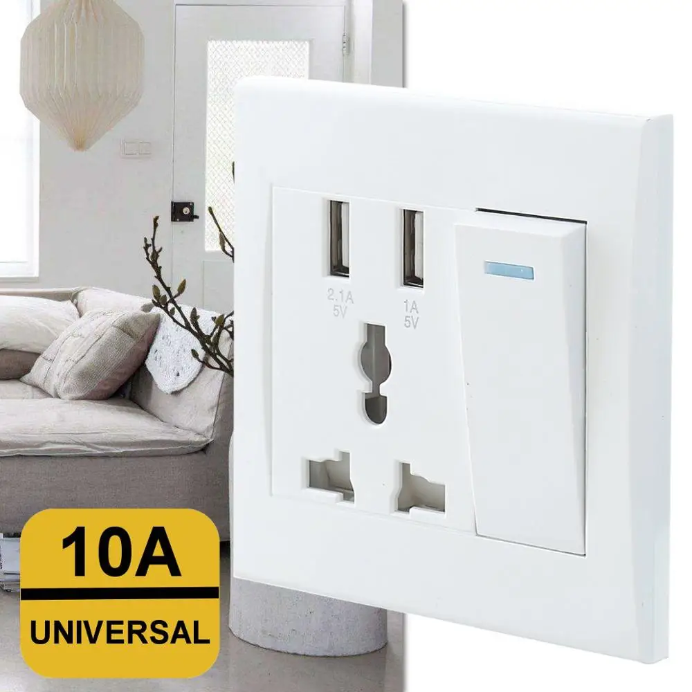 

10A Dual USB Plug Power Socket Wall AC DC Charger Switch Outlet Adapter Port