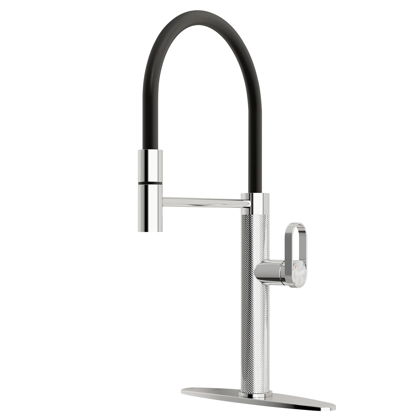 

MASO Pull-Out Kitchen Faucet, 360° Swivel, Black Rubber Neck, Single Handle, 2 Spray Modes, 304 Stainless Steel, Chrome