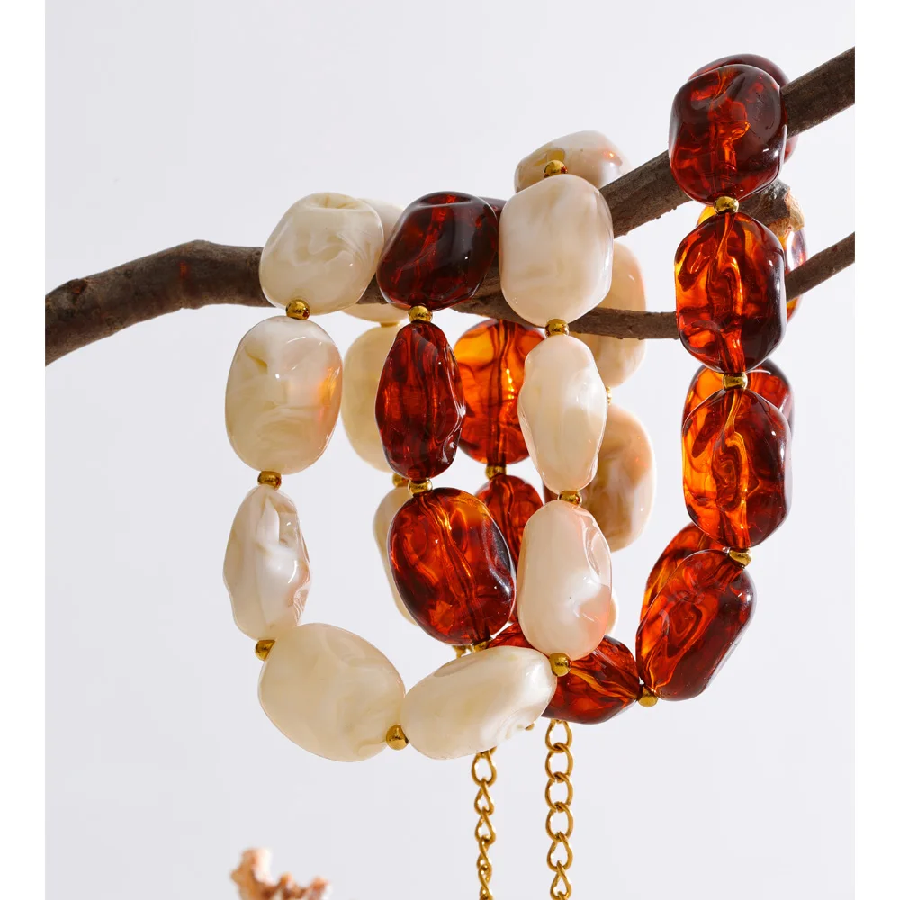 Amber Beige Acrylic Resin Beaded Jewelry Set: Necklace Bracelet Bangle