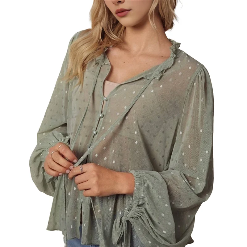 ABP-Blusa de manga larga peplum con volantes delanteros y lazo de lunares de malla transparente para mujer