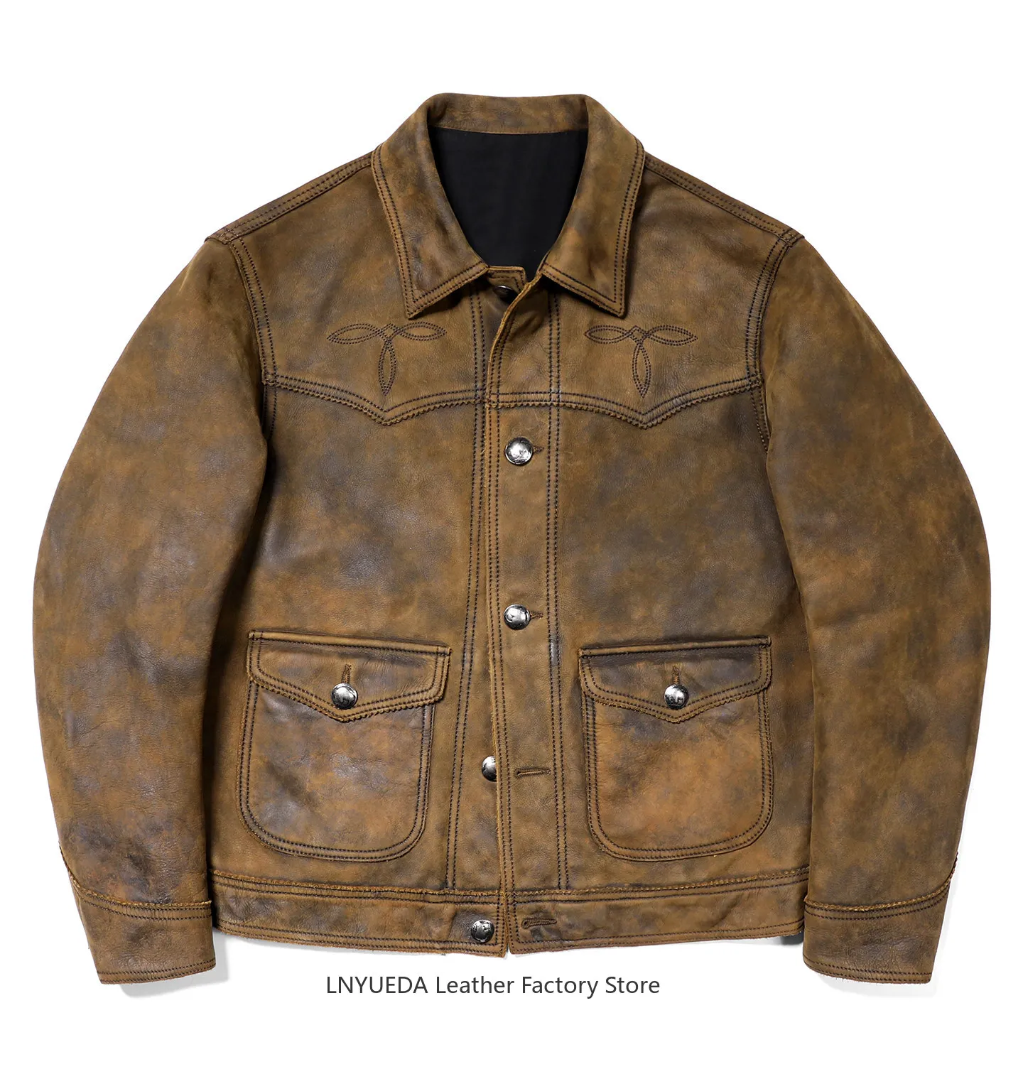 Men Uncoated Top Grain Cowhide Genuine Leather Jacket, American Vintage Distressed Farmer Workwear Denim Style Leather Outerwear