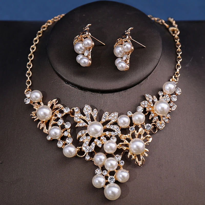 Fashion Women Bridal Elegant Wedding 3pcs/set Party Pearl Rhinestone Angle Necklace Earrings Jewelry Set Banquet Gift