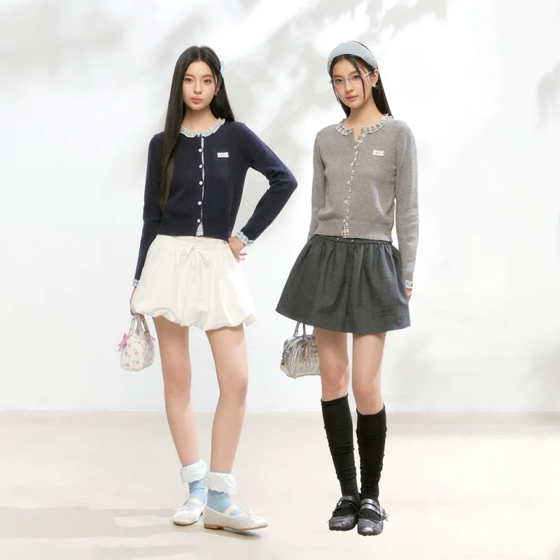 

FPMZ Knitted irt with Plaid Lace Color Blo Bloom Skirt Korean Sle Long Sve Regular Fit Women's Knittedwear