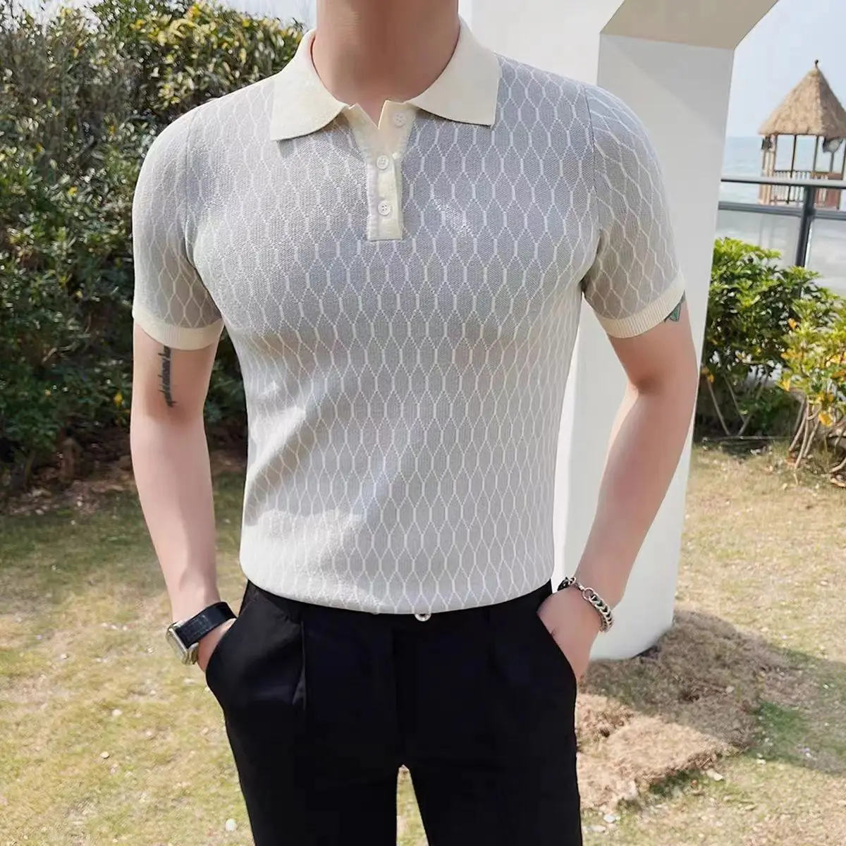 Summer New Men\'s Business Casual Knitting polos Shirt Men Turn-down Collar Button Fashiongeometric scheme Tops Knit T-shirts