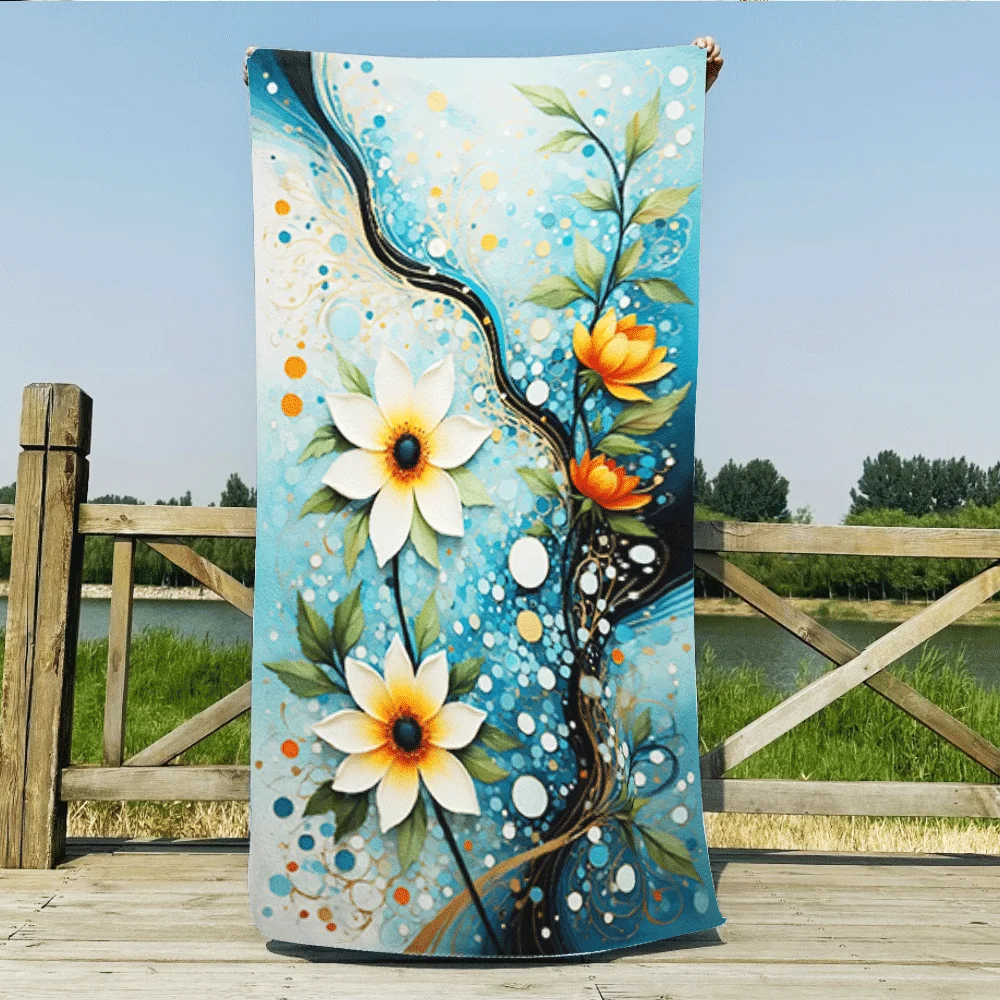 Vibrant Blue Abstract Flower Print Beach Towel, Soft Quick Dry Oversized Bath Towel, Boho Art Summer Accessory