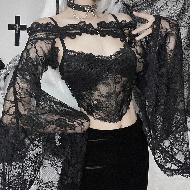 

Harajuku Gothic Fashion Black Button Stitched Lace See Through Long Sleeved Cardigan Kawaii Slim Temperament, New,Original