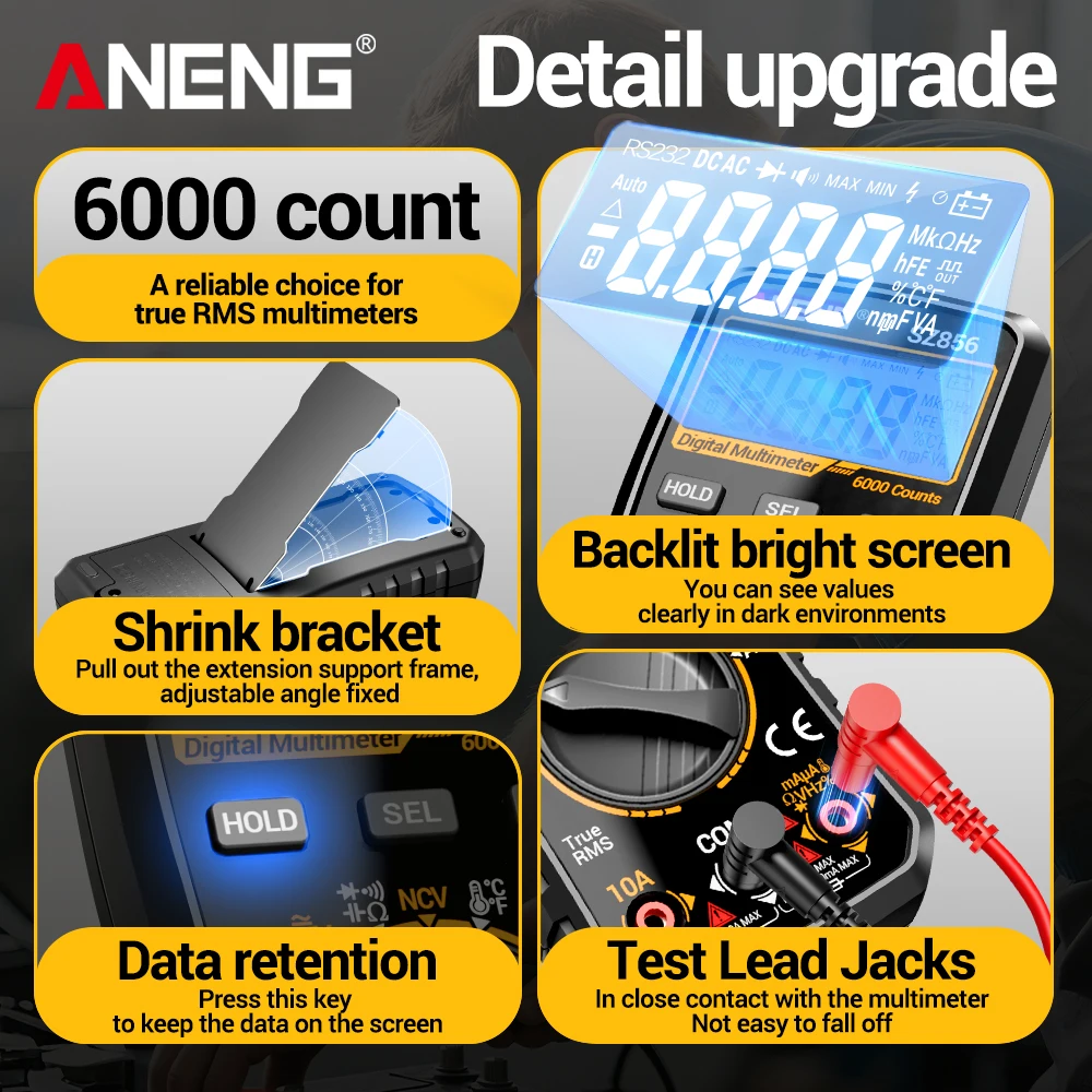 ANENG SZ856 Intelligent Multimeter 6000 Count NCV Induction On/Off Buzzer Diode Test Backlight Display Electrician Multimeter