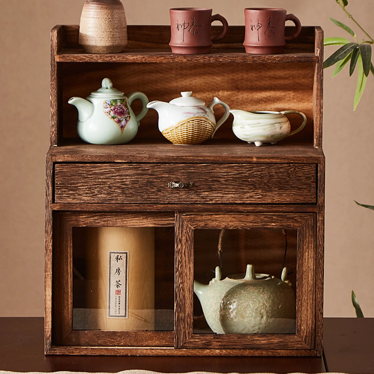 Solid wood dustproof tea cosmetic tea cabinet desktop boogie stand tea cup holder teapot display stand storage shelf