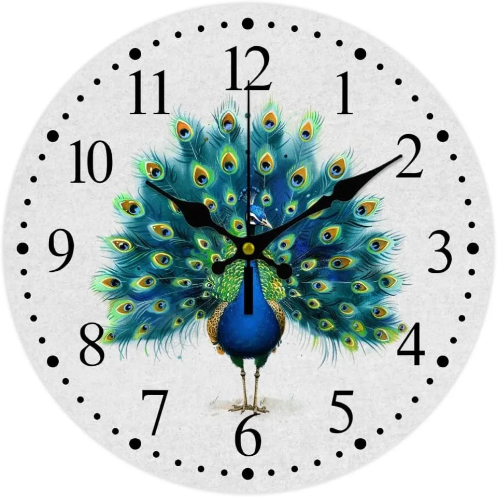 

Peacock Wall Clock Non-Ticking Clock Round Decorative Wall Clocks Printed Clocks for Home Living Room Bedroom Home Office