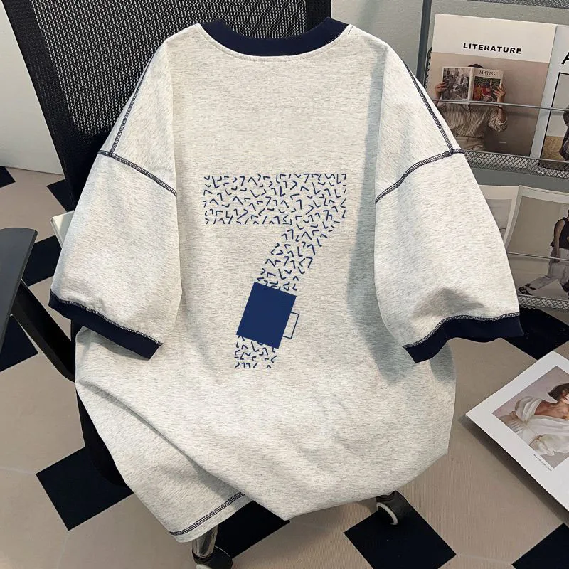 

Мужская повседневная футболка большого размера с коротким рукавом, в полоску, с принтом Color Block и цифрой 7, дышащая, из хлопка, для лета