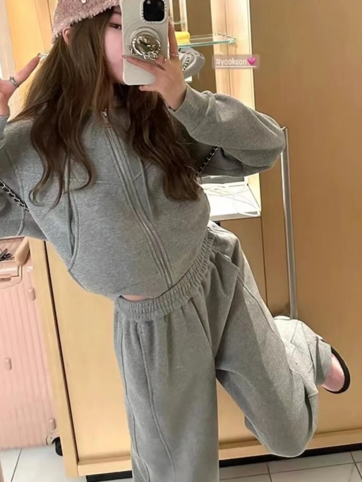 Thiened Fce Felpa cardigan aperta con cappuccio da donna taglia ort Set di pantaloni casual a gamba dritta calda autunno inverno