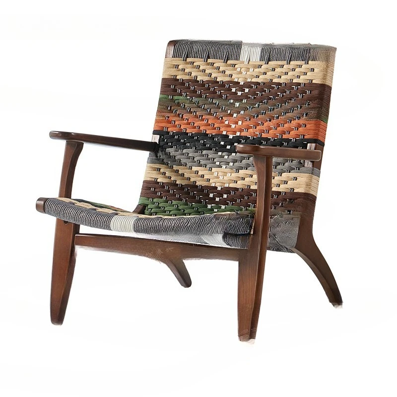 Balcony Comfortable Leisure Sofa Chair Reading Solid Wood Living Room Rope Weaving Lazy Home Back Chair