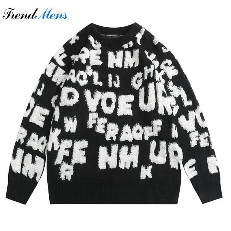 

Street Fashion Casual Men's Pullover Letter Jacquard Milk Tea Loose Sweater Couple Campus Style Sweater Autumn and Winter Ropa