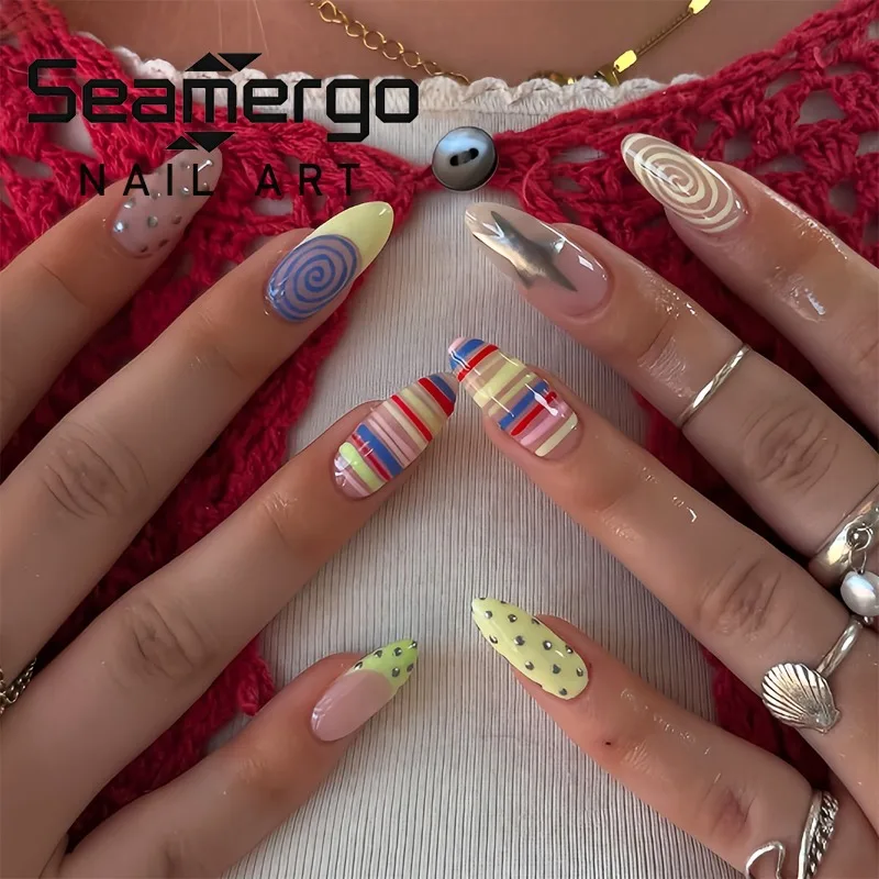 

24PCS Colorful Stripes Y2k Almond Press on Nails Summer Yellow French Acrylic Nails Sweet Cool Silver Polka Dots Star Fake Nails