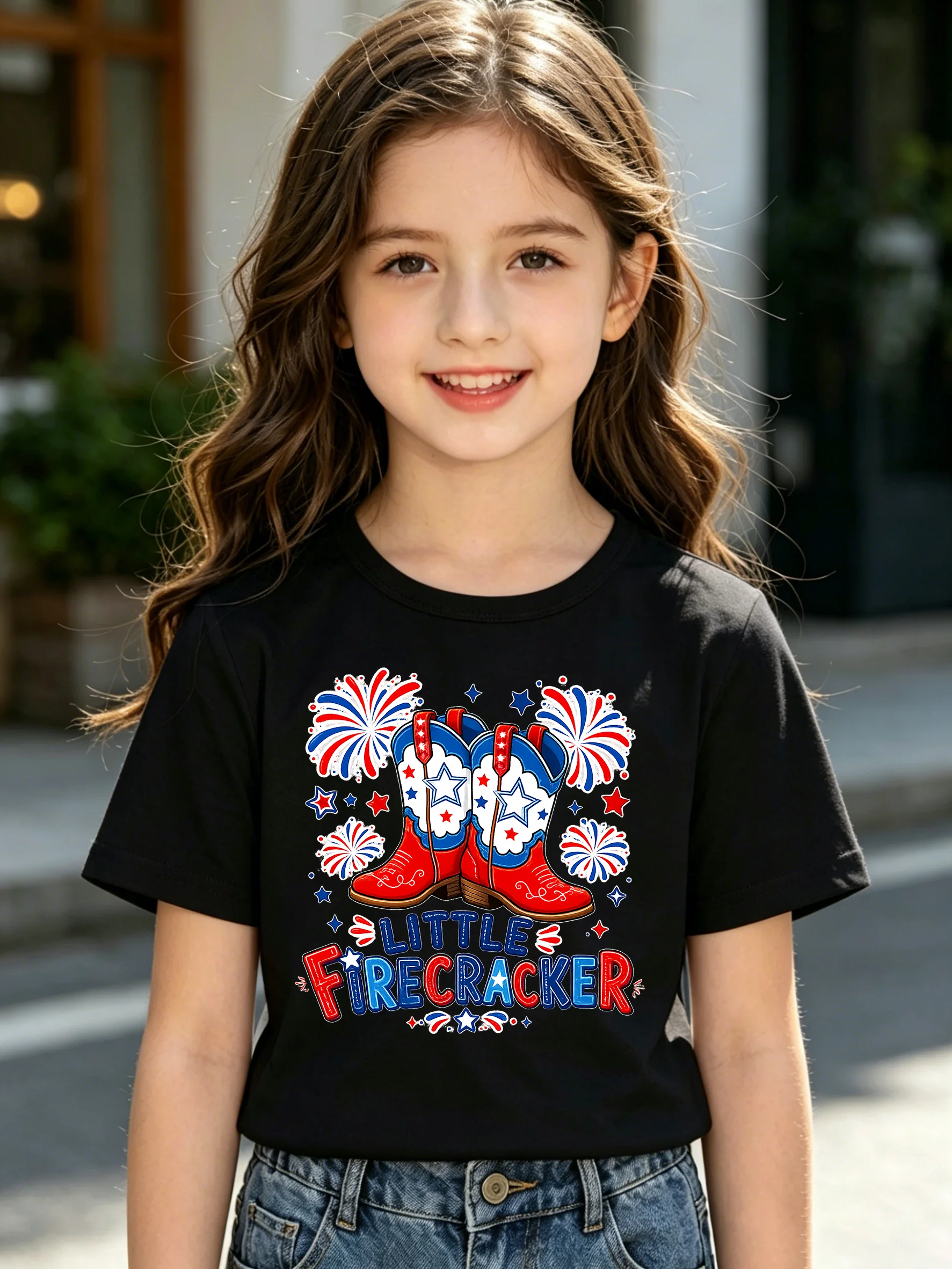 Toddler Girls Patriotic T Shirt Little Firecracker Western Cowboy Boots Fireworks Star Print Black Tee Kids 4th Of July Independ