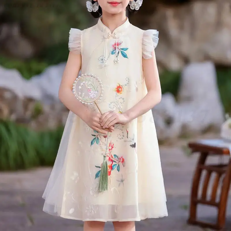 

Girl Mesh Princess Qipao Summer Kids Hanfu Sexy Sleeveless Sweet Cheongsam Oriental Party Gown Classic Stage Performance Costume