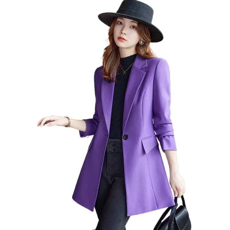 2025 novo roxo feminino trench coat blazer outono moda manga longa magro meados de comprimento terno jaqueta escritório casual chique outerwear