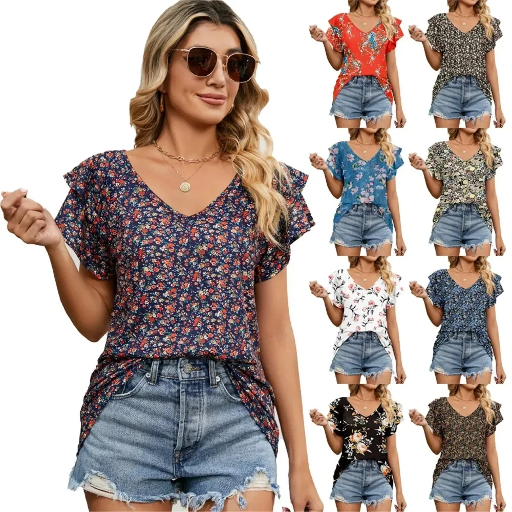 Blusa floral de manga curta feminina, tops elegantes de verão, camisa branca, roupa popular coreana, tendência feminina, 2024