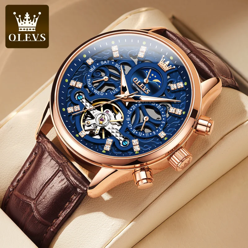 

OLEVS Top Brand Men's Watches Fashion Skeleton Tourbillon Automatic Mechanical Wrist Watch for Men Waterproof Leather Strap New