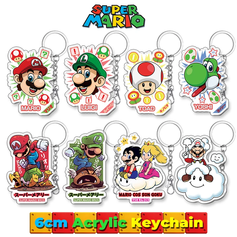 

For Super Mario Bros 6cm Acrylic Key Chain Anime Key Bag Decoration Pendant Metal Accessories Inlaid Chain Hot Selling Gift