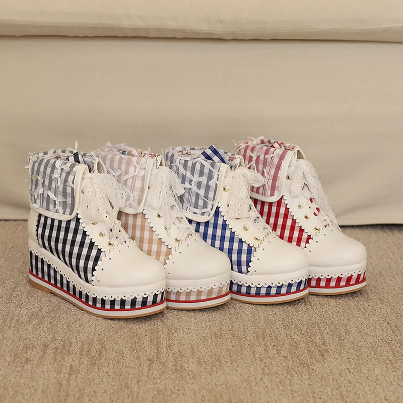 

Женская обувь для косплея, размер 30–48, весенние одинарные туфли на толстой подошве и наклонном каблуке с кружевом в студенческом стиле, увеличивающие рост