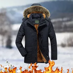 Men'S  Autumn&Winter Full Sleeved Warm Down Jacket Men'S Plush Lined Button Hooded Stand Collar Outwear With Multi Pocket