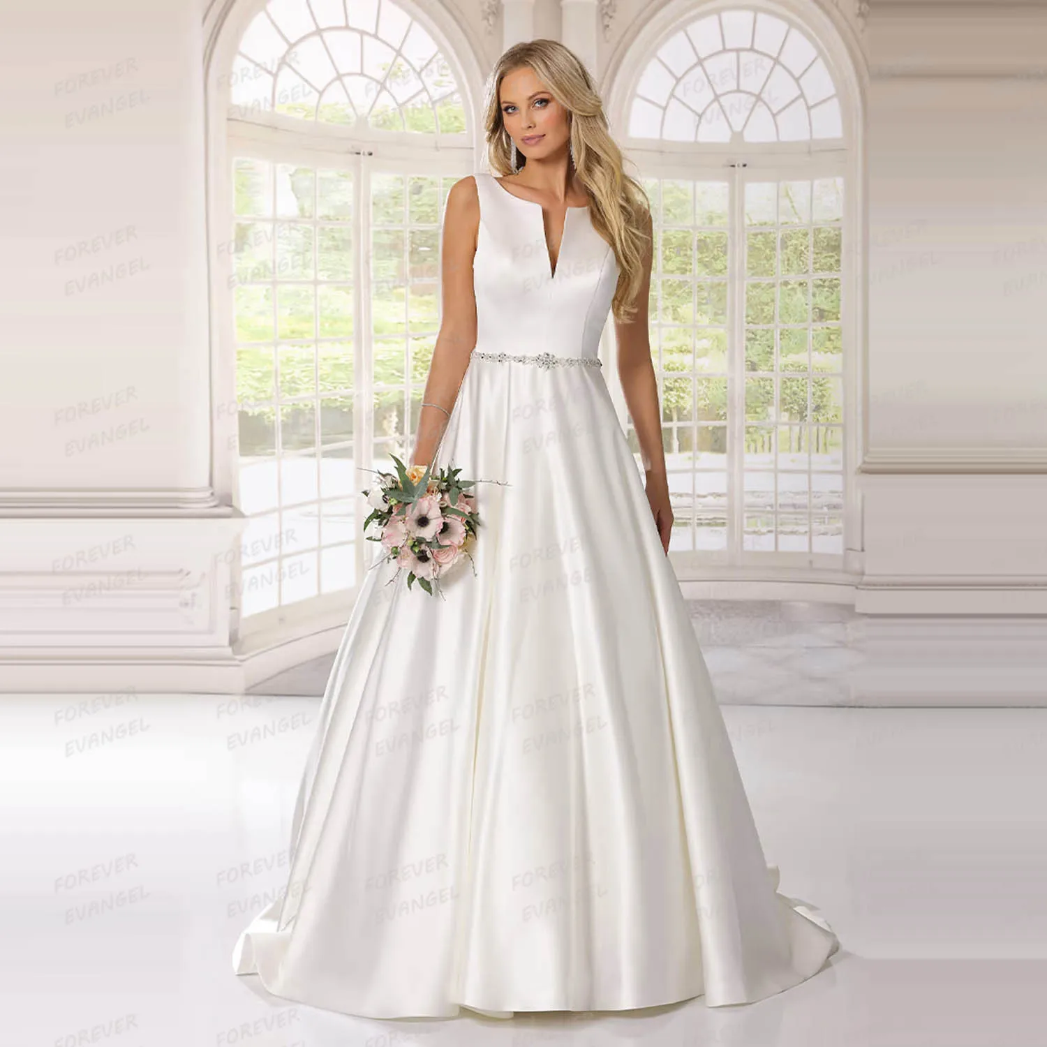 

Простые свадебные платья трапециевидной формы, женские сексуальные платья невесты без рукавов с v-образным вырезом и открытой спиной, атласные платья со шлейфом, Vestidos De Novia по индивидуальному заказу