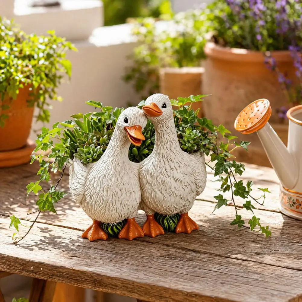 Indoor Plant Pot Resin Flowerpot Set Couple Duck-shaped Planters with Drainage Holes Non-slip Base Decorative Indoor Outdoor