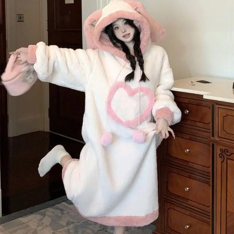 Women Cute Bunny Ear Hooded Flannel Nightgown Winter Thick Heart Print Long Sleep Dress Warm Fleece Ladies Homewear Pajama Robe