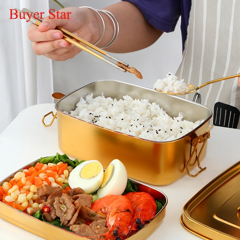 Double layer bento Lunch box stainless steel kitchen tableware Food Container dinner ware with Cover metal food serving tools