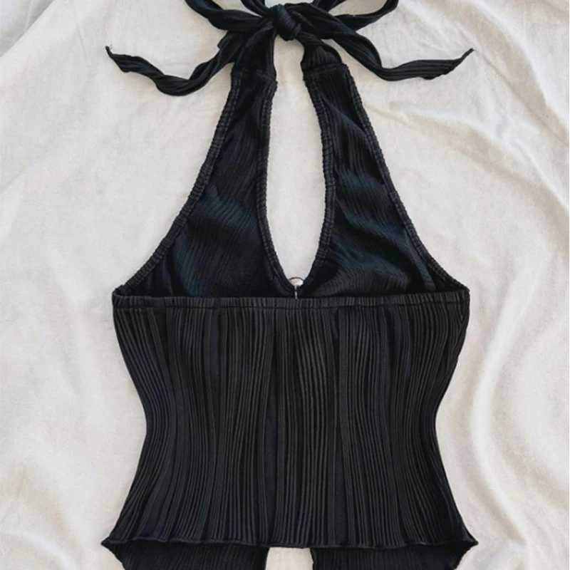 Solid color vertical stripe deep V-neck suspender women's metal buckle strap irregular hem spicy girl sleeveless top